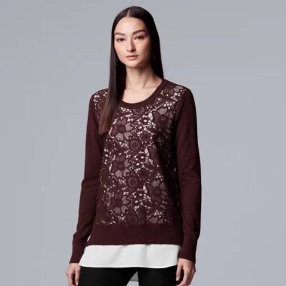Simply Vera Wang | Layered Lace Long Sleeve Sweater Maroon Top Women’s Size XS